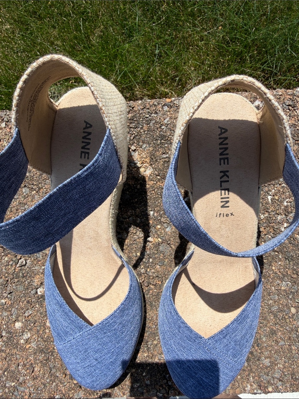 Anne Klein Blue Denim-Look Espadrille Wedge Sandals - Picture 2 of 6